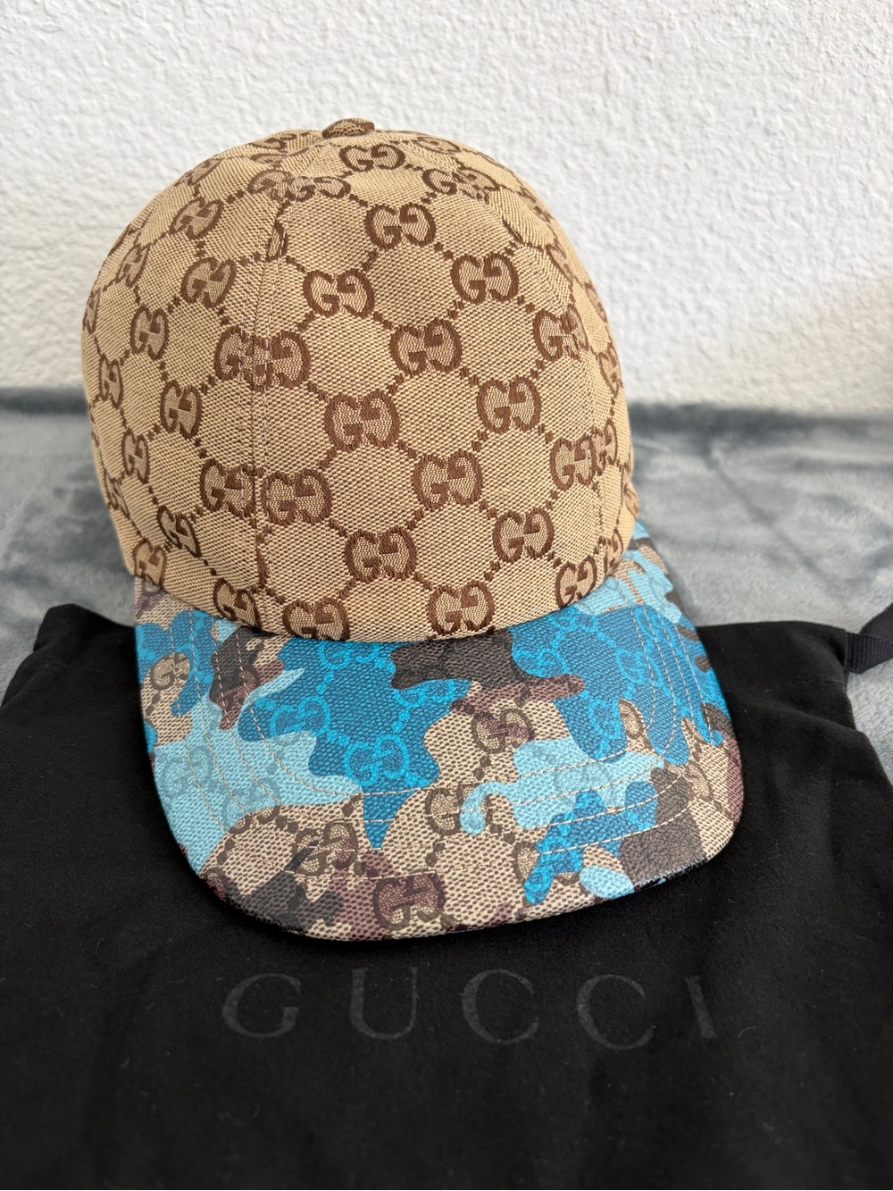 NWT Gucci GG Supreme Monogram Camouflage Baseball Cap Blue/Light Size XXL 61 cm
